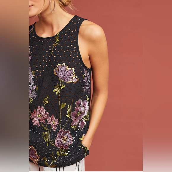 MEADOW RUE | Anthropologie S Harriet Floral Black Embroidery Eyelet Stretch Tank - Picture 15 of 15